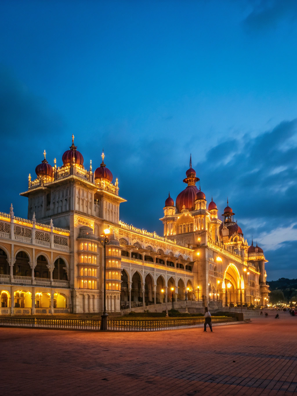 The illuminated facade of the Mysore Palace at night